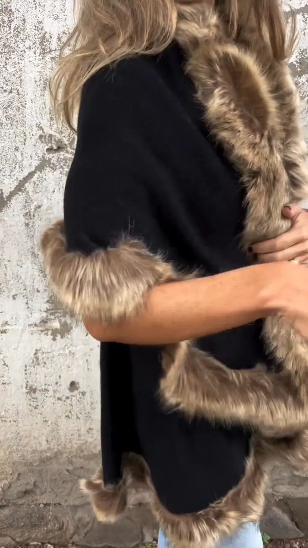 Golden Ember Faux Fur Trimmed Cape