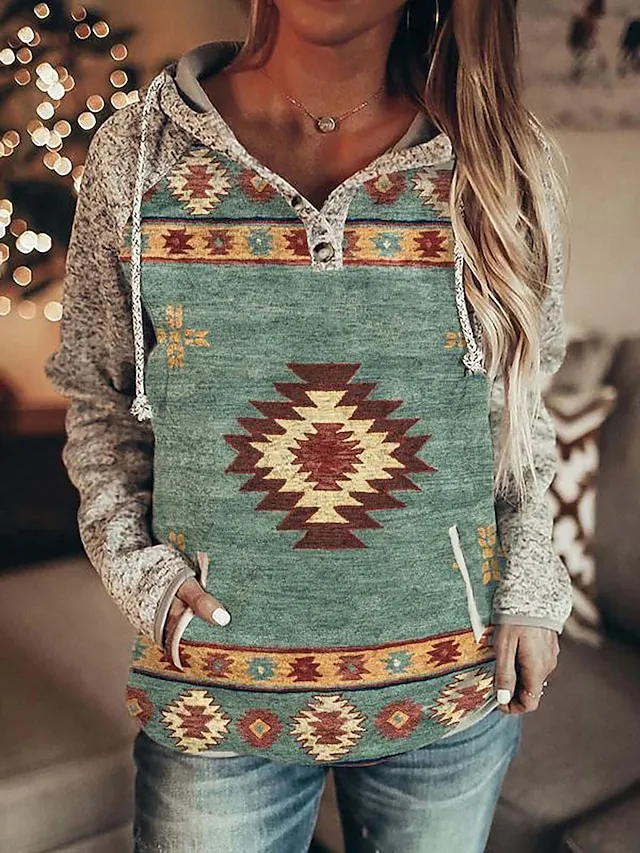 Women's Hoodie Sweatshirt Pullover Vintage Sports Ethnic Button Drawstring Front Pocket Red Blue Green Graphic Geometric Vintage Street Casual Hoodie Long Sleeve Top Micro-elastic Fall & Winter
