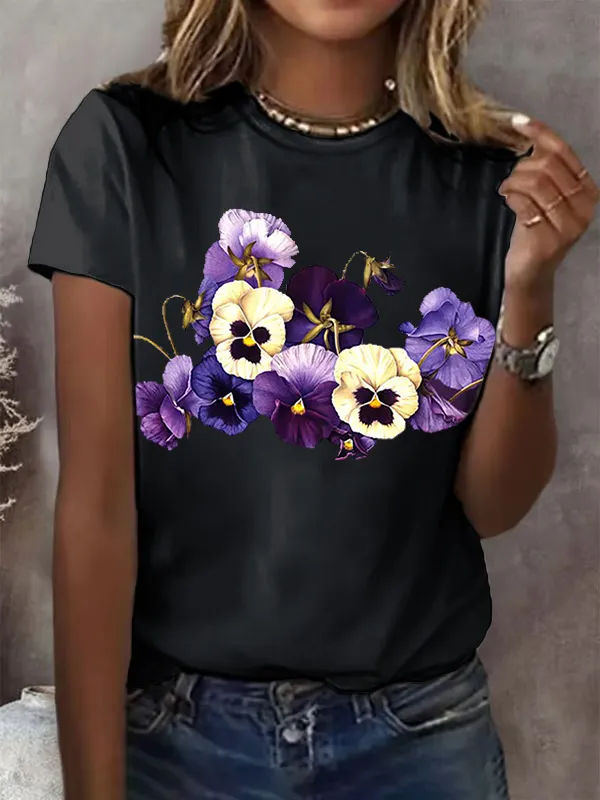 Women'S Alzheimer'S Purple Floral Print Round Collar T-Shirt