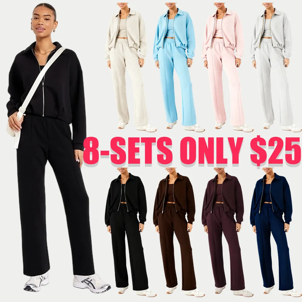 Zipped Jacket and Wide-Leg Pants Two-Piece Set