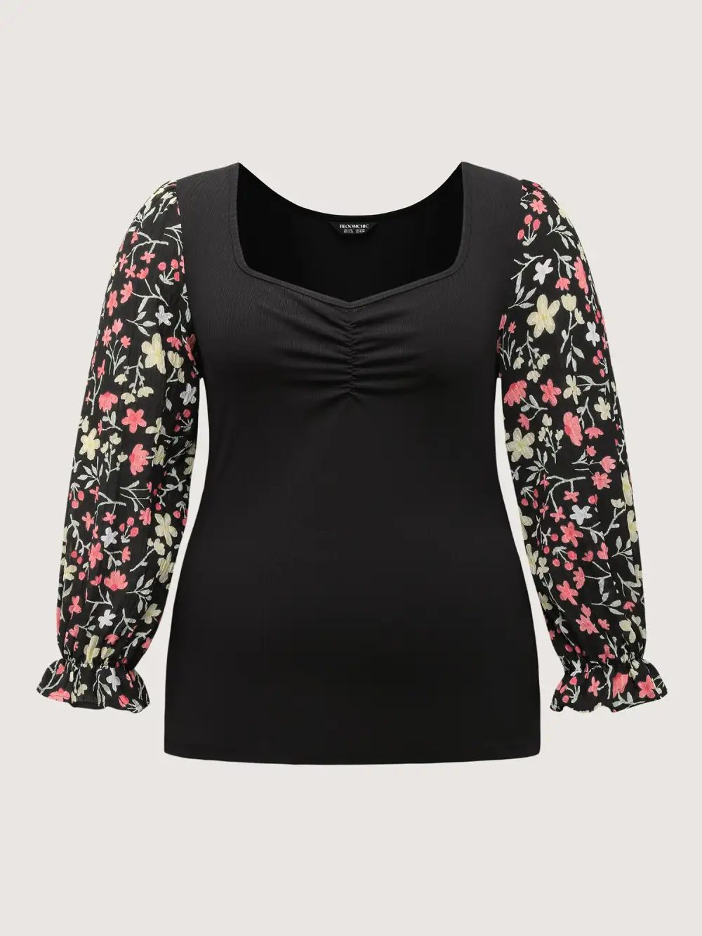 Textured Spliced Floral Sleeves Top