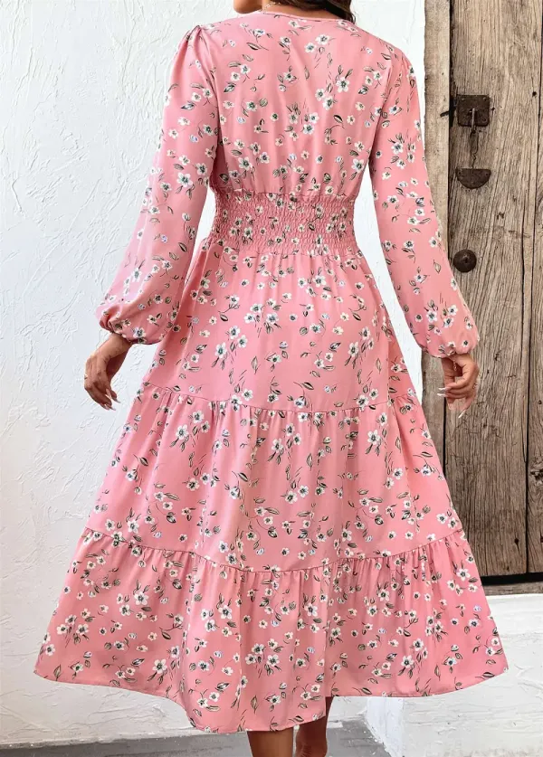 Pink Tummy Coverage Ditsy Floral Print Long Sleeve Dress