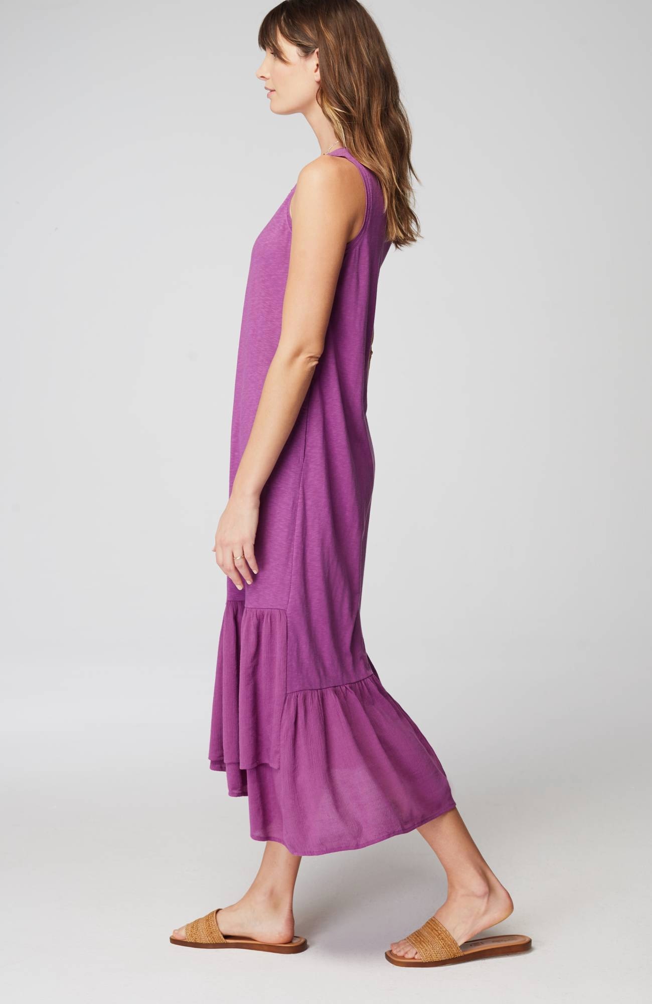 Mixed-Media Flounced-Hem Knit Dress