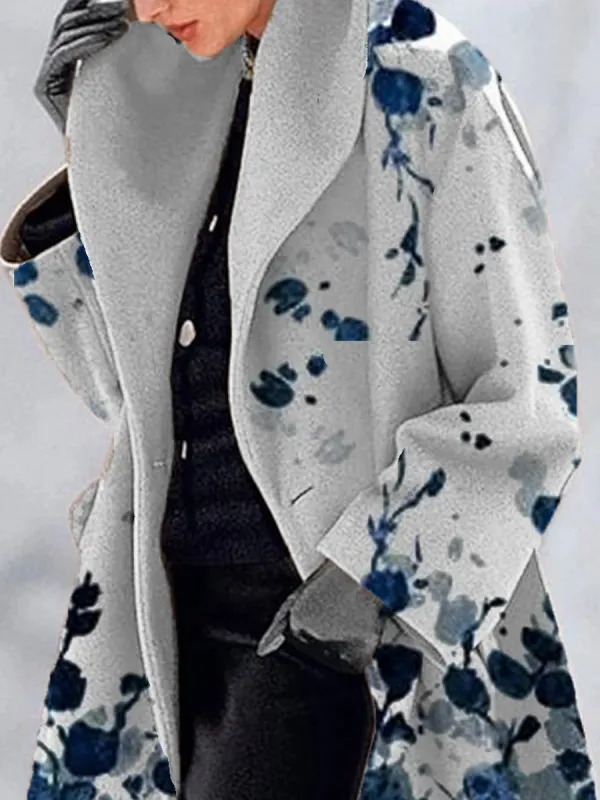 Leaf Print Double Pocket Casual Woolen Coat