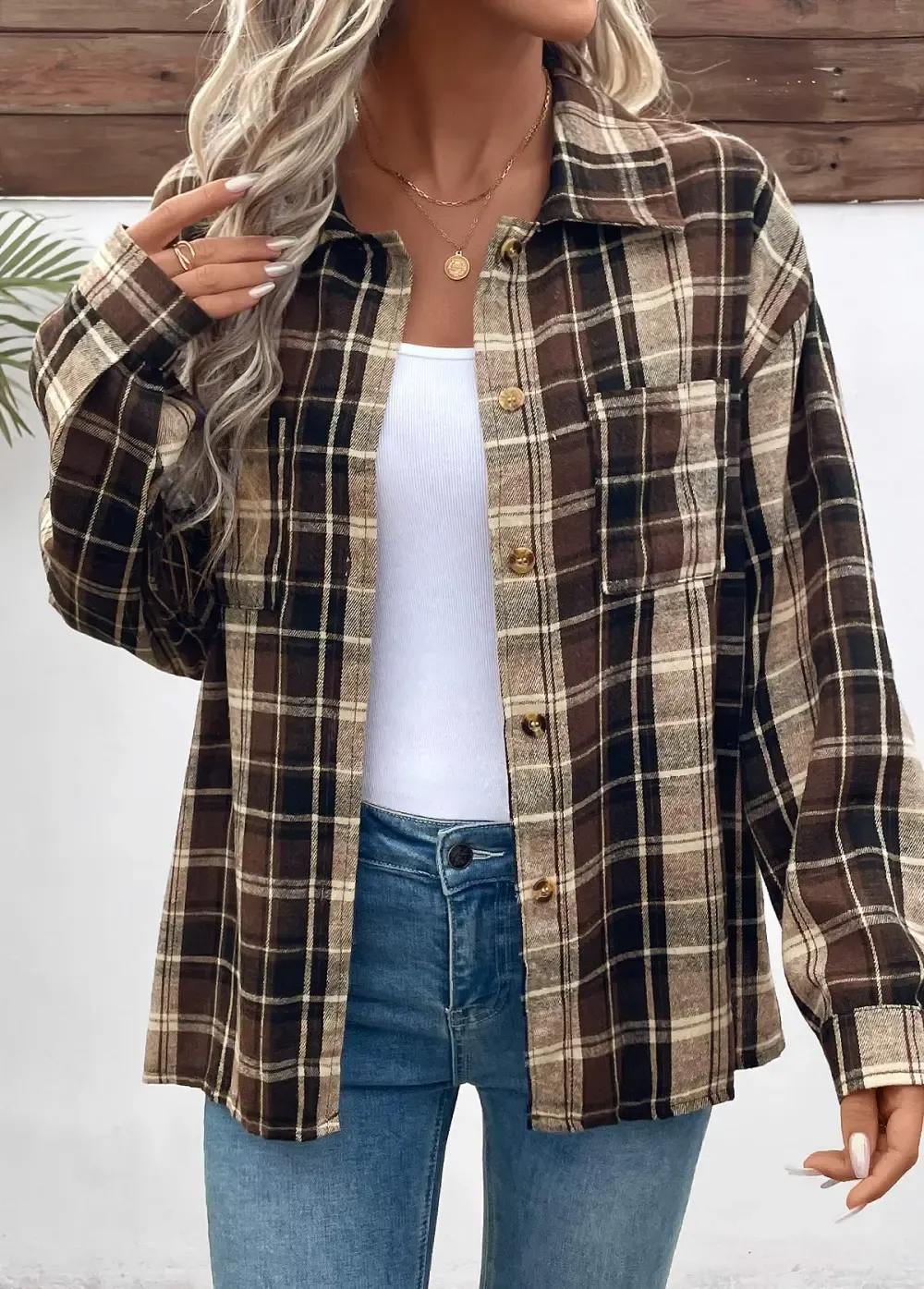 Dark Coffee Curved Hem Plaid Long Sleeve Shirt