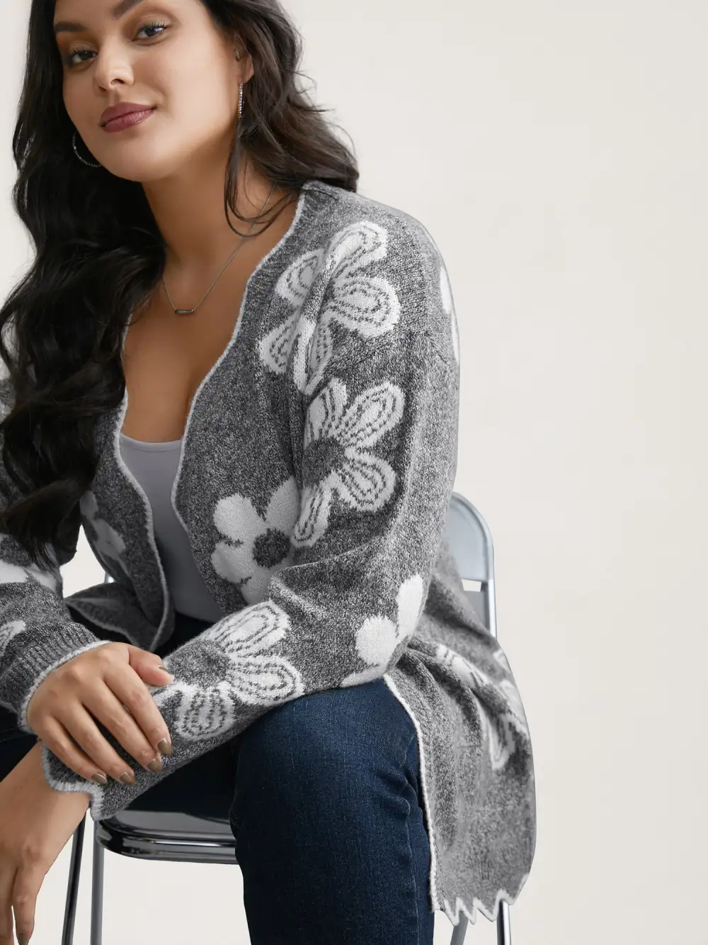 Floral Pattern Open-Front Knitted Cardigan
