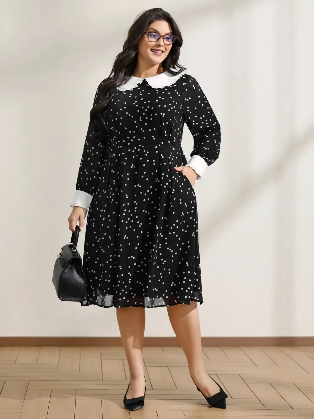 Polka Dots Doll Collar Contrast Midi Dress