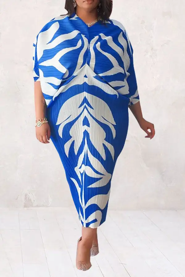 Abstract Print Stylish Batwing Sleeve Midi Dress