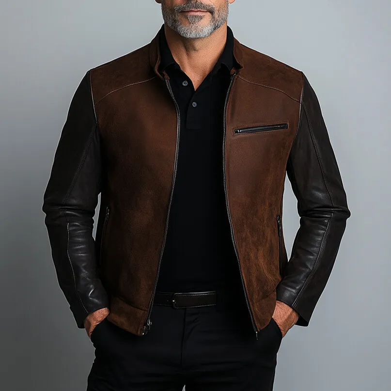 Men's Suede Patchwork PU Leather Stand Collar Zipper Jacket