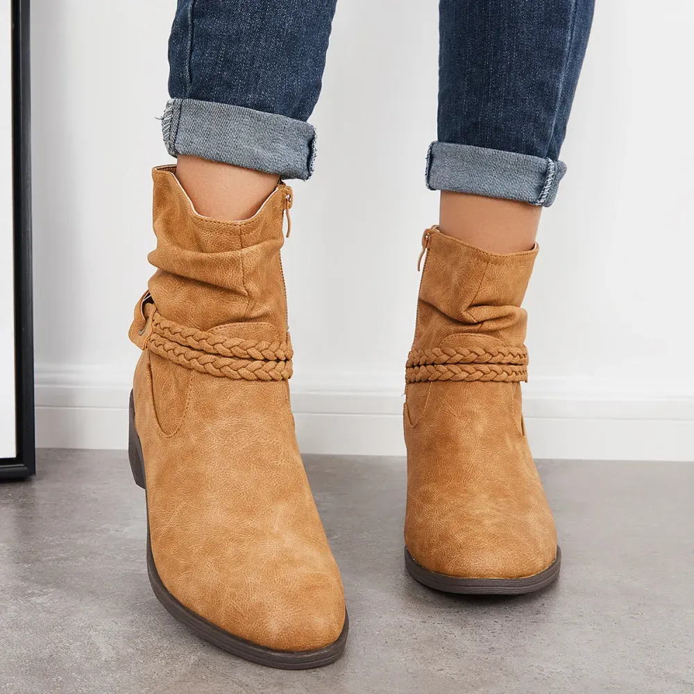 Slouchy Ankle Boots Braided Strap Chunky Block Heel Booties