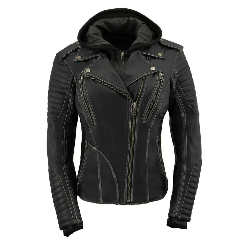 Leather MLL2516 Black Leather Rub-Off Leather Jacket with Hoodie for Women