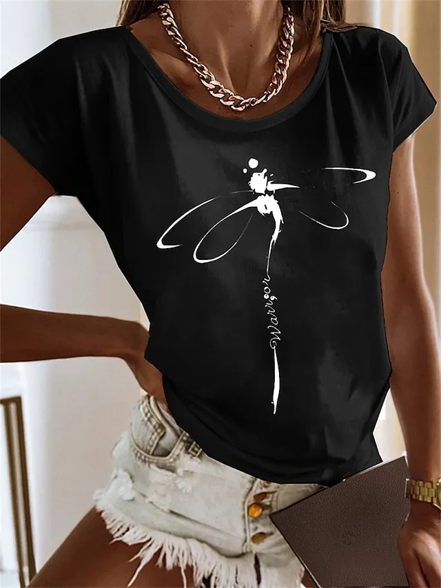 Women's T shirt Tee 100% Cotton Black White Blue Graphic Print Short Sleeve Daily Weekend Basic Round Neck Regular Fit Painting