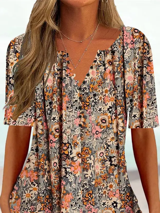 Women Half Sleeve V-neck Floral Printed Tops