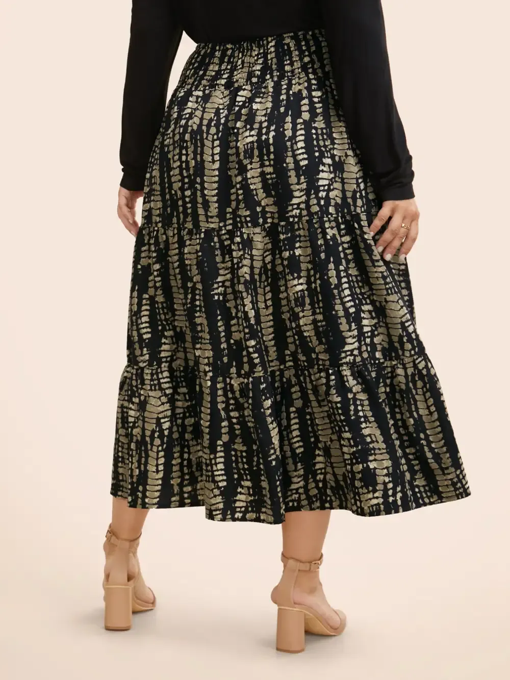 Geometric Shirred Ruffle Layered Hem Skirt