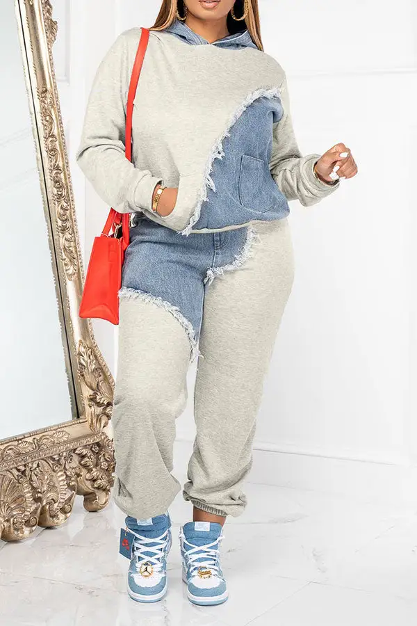 Denim Patchwork Sporty Pant Suit