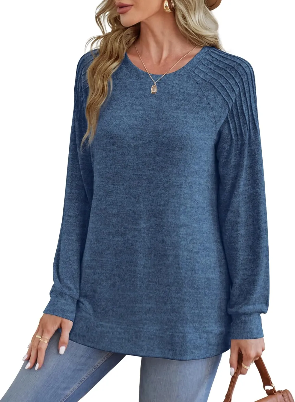 Sweatshirt for Women Crewneck Pleated Long Sleeve Shirts Tunic Tops Fashion 2024