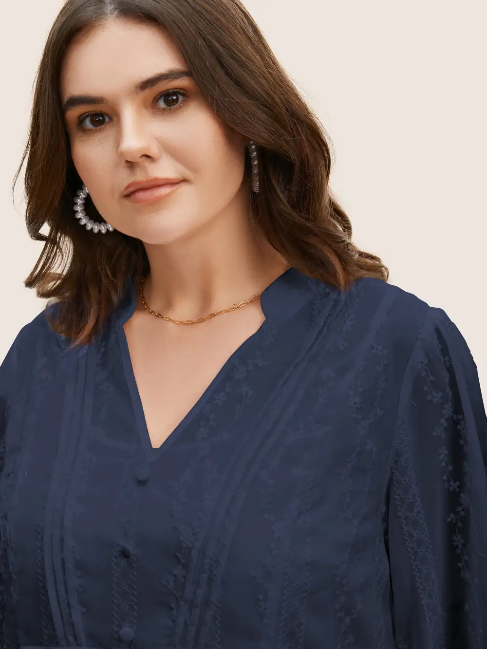 Texture Mesh Button Detail Tucked Seam Blouse