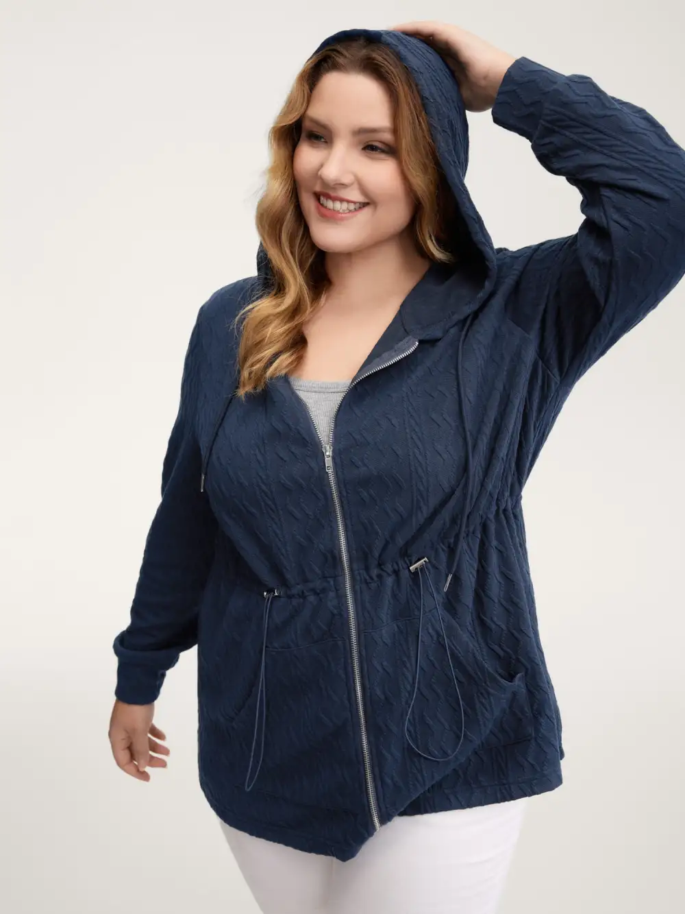 Textured Zipper Drawstring Hooded Jacket