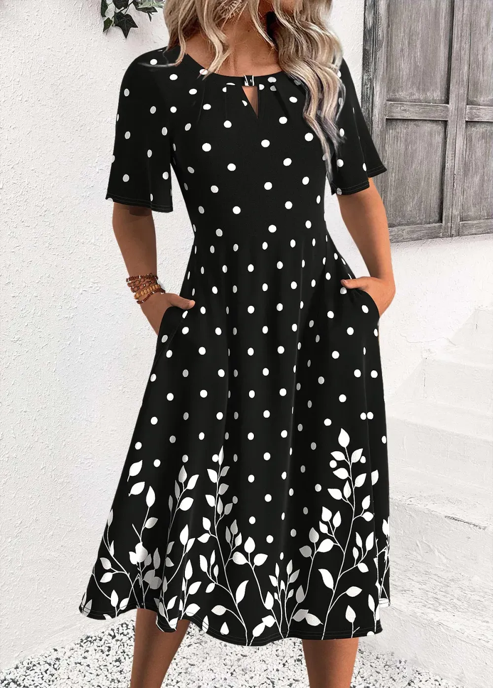 Black Polka Dot Half Sleeve Round Neck Dress
