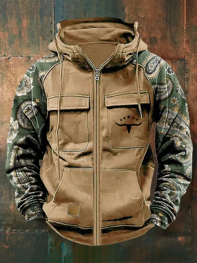 Men's Vintage Paisley Art Print Multi-Pocket Jacket