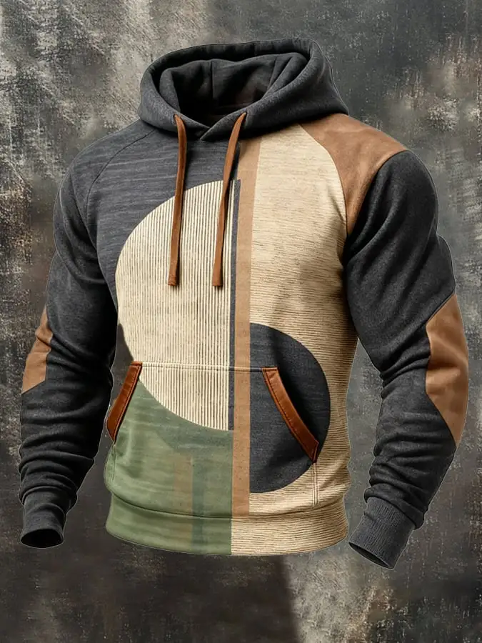Men's Retro Distressed Color Block Print Casual Long Sleeve Sweatshirt
