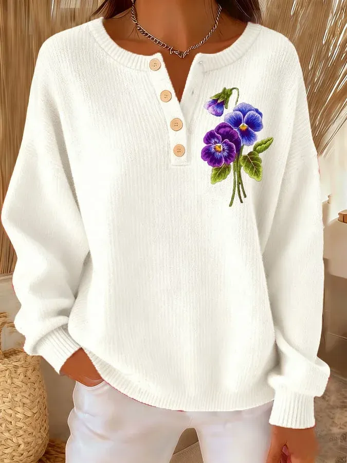 Women's Casual Purple Floral Button-Down Knitted Top