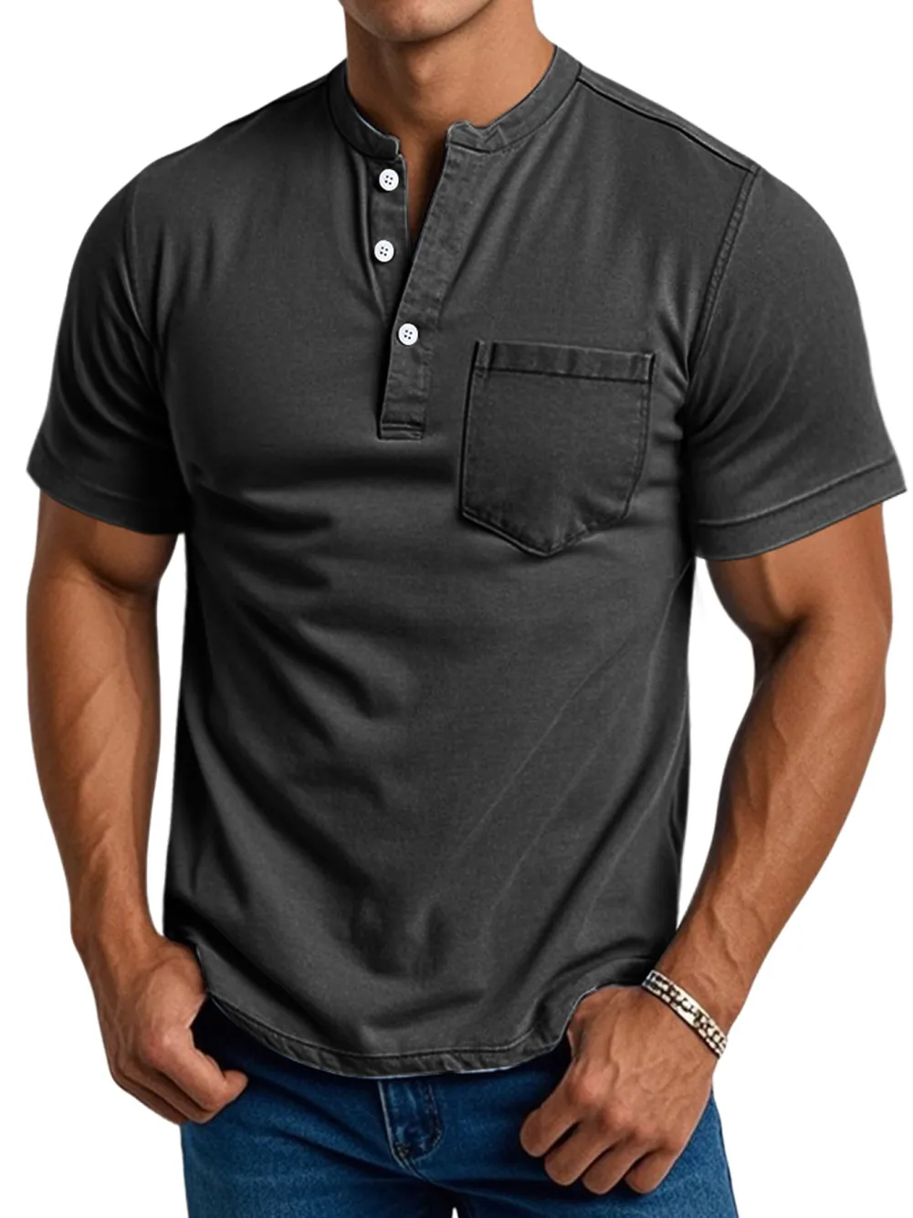 Men's Daily Casual Pocket Stand Collar Short Sleeve Comfortable Henley Shirt