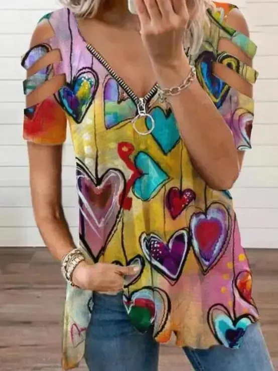 Women Short Sleeve V-neck Floral Printed Geometric Top