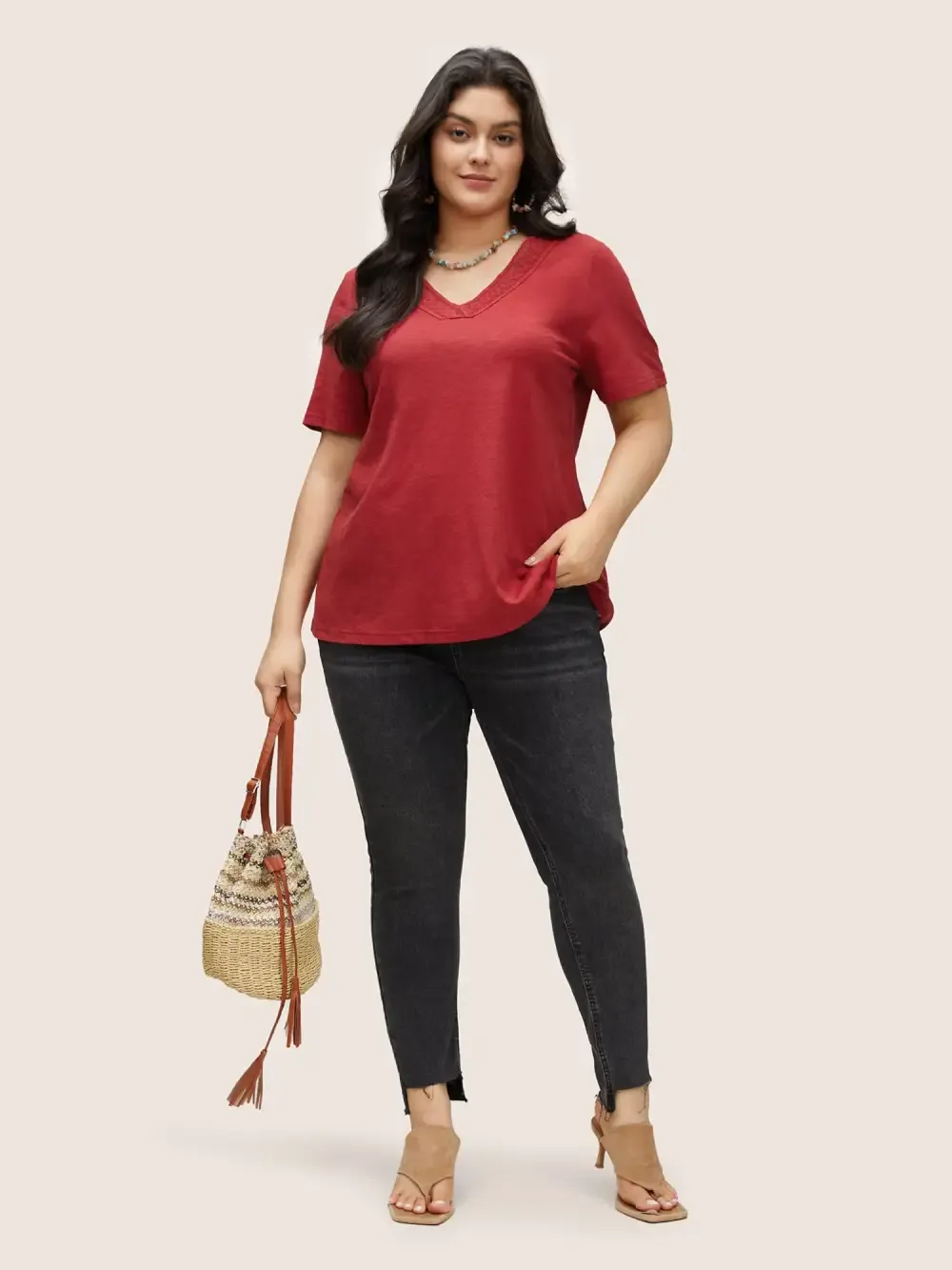 Plain V Neck Lace Panel T-Shirt