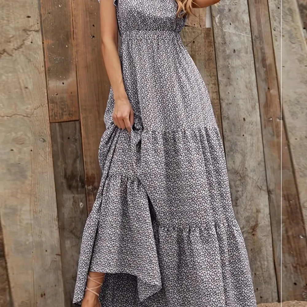 Ditsy Floral Print High Waist Dress, Elegant Ruffle Trim Sleeveless V Neck Maxi Dress, Women's Clothing