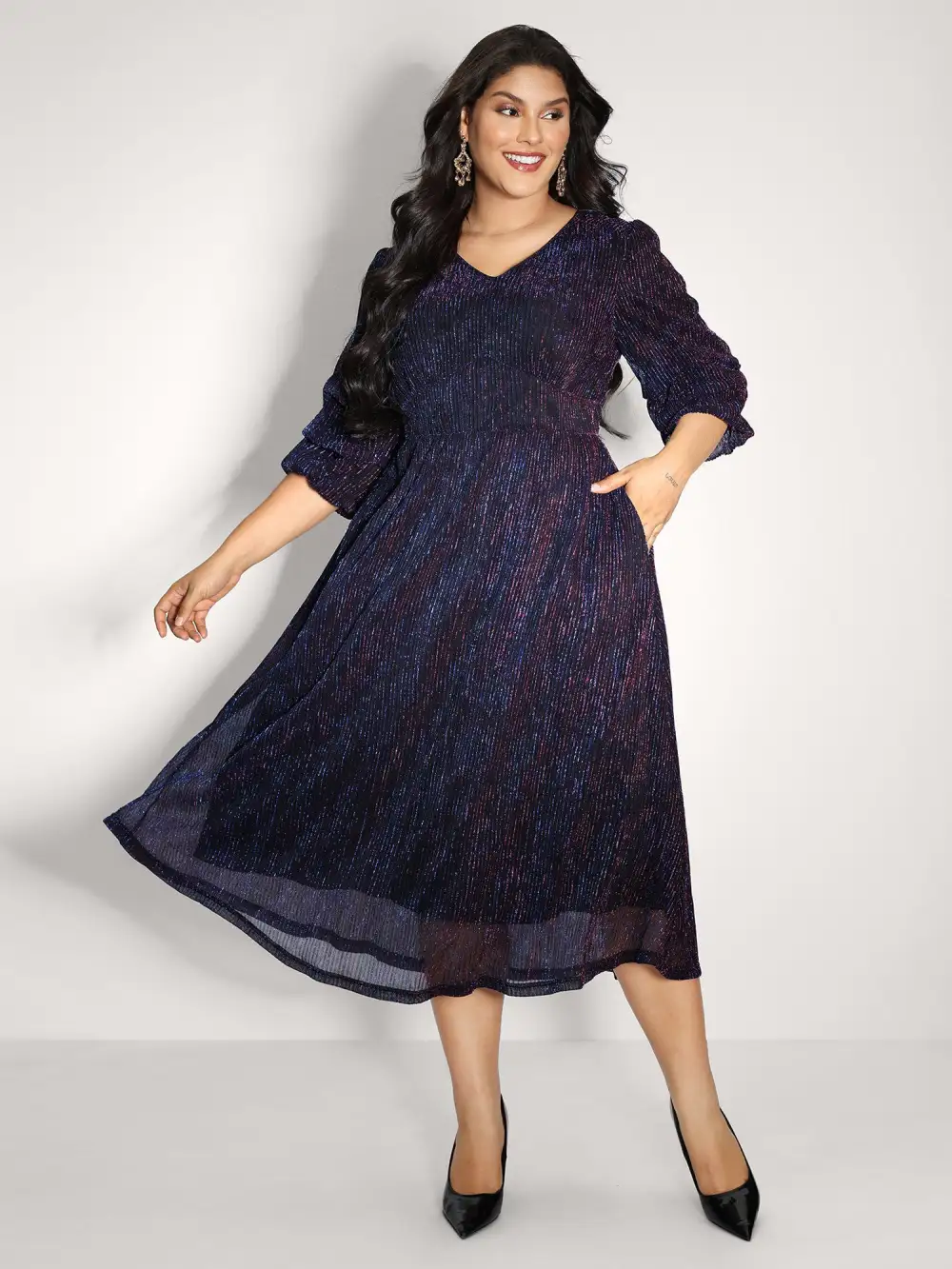 Phantom Silk Stretchy Shirred Waist Midi Dress