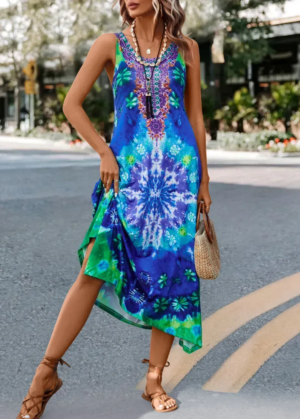 Blue Asymmetry Tie Dye Print H Shape Dress