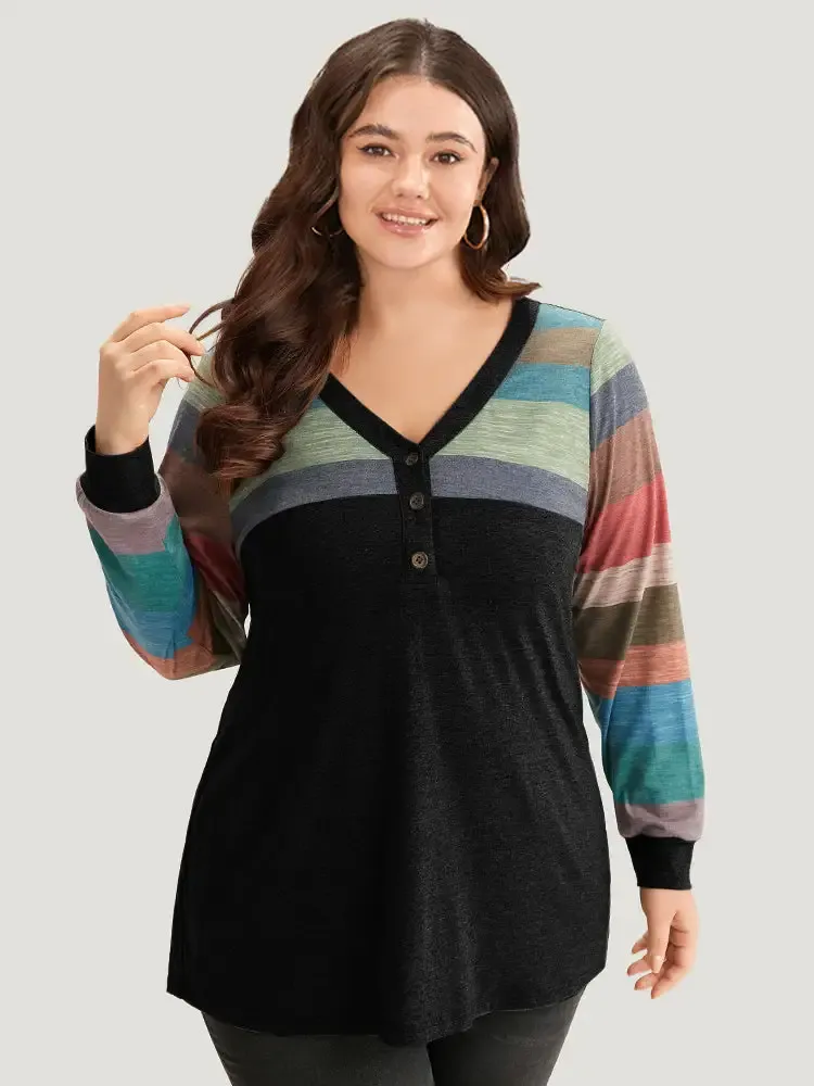 Colorblock Contrast V Neck Button Up T-Shirt