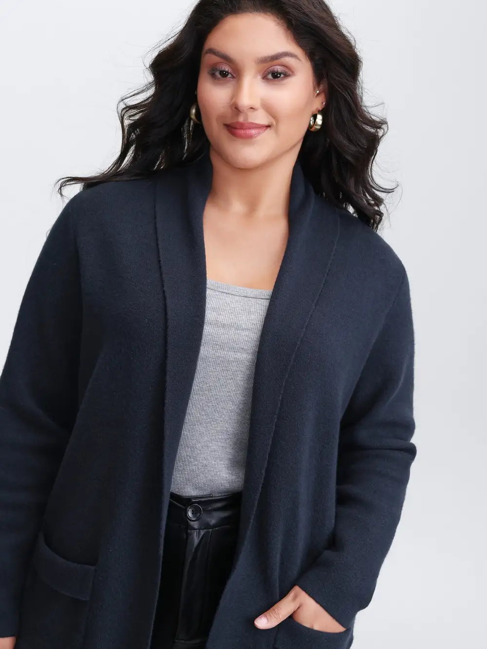 Supersoft Folded Collar Pockets Open-Front Knit Cardigan