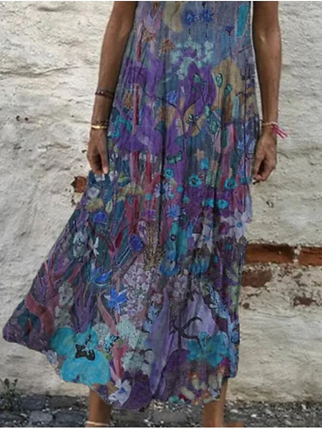 Women's Casual Dress Shift Dress Long Dress Maxi Dress Wine Blue Green Short Sleeve Floral Print Summer Spring