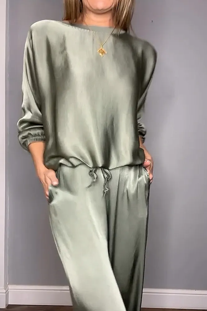 Women's Solid Color satin loose long sleeved top&Pants Two Piece Set