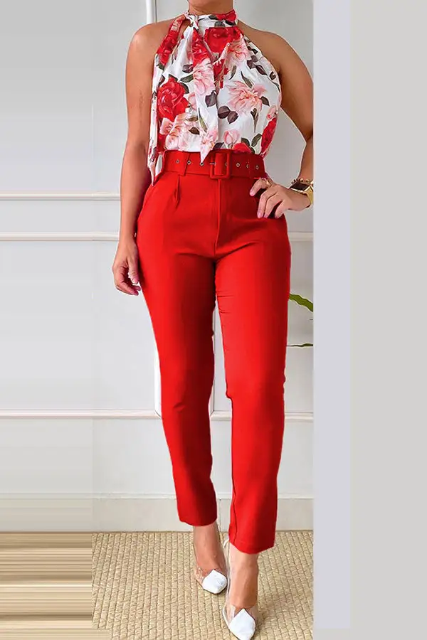 Floral Print Elegant Pussy Bow Pant Suit