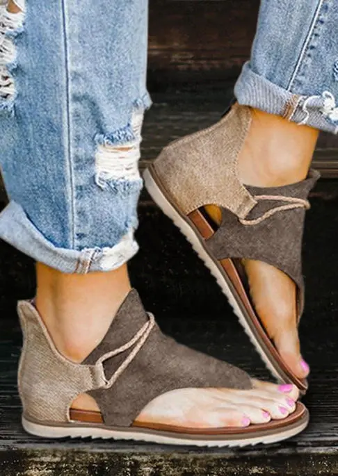 Color Block Zipper Flat Thong Sandals - Khaki