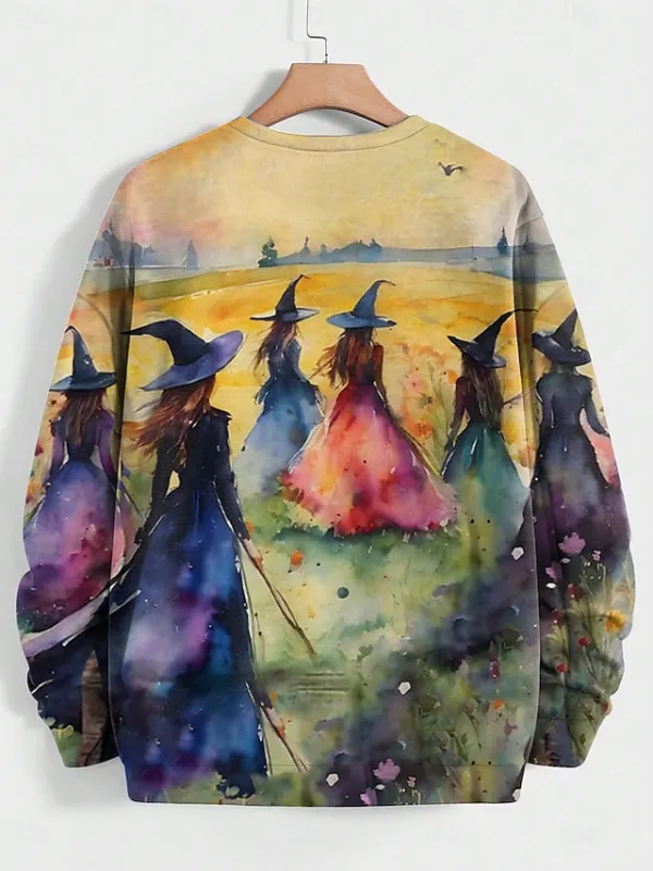 Women's Halloween Sweatshirt Pullover Witch Halloween Print Yellow Casual Crew Neck Long Sleeve Top Micro-elastic Spring Fall & Winter