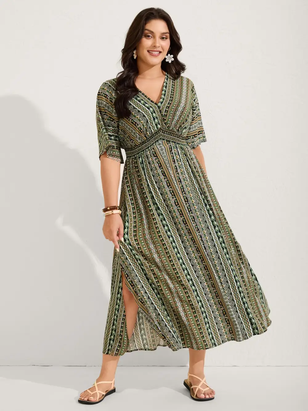 Striped Contrast Dolman Sleeve Shirred Pocket Split Flutter Dress