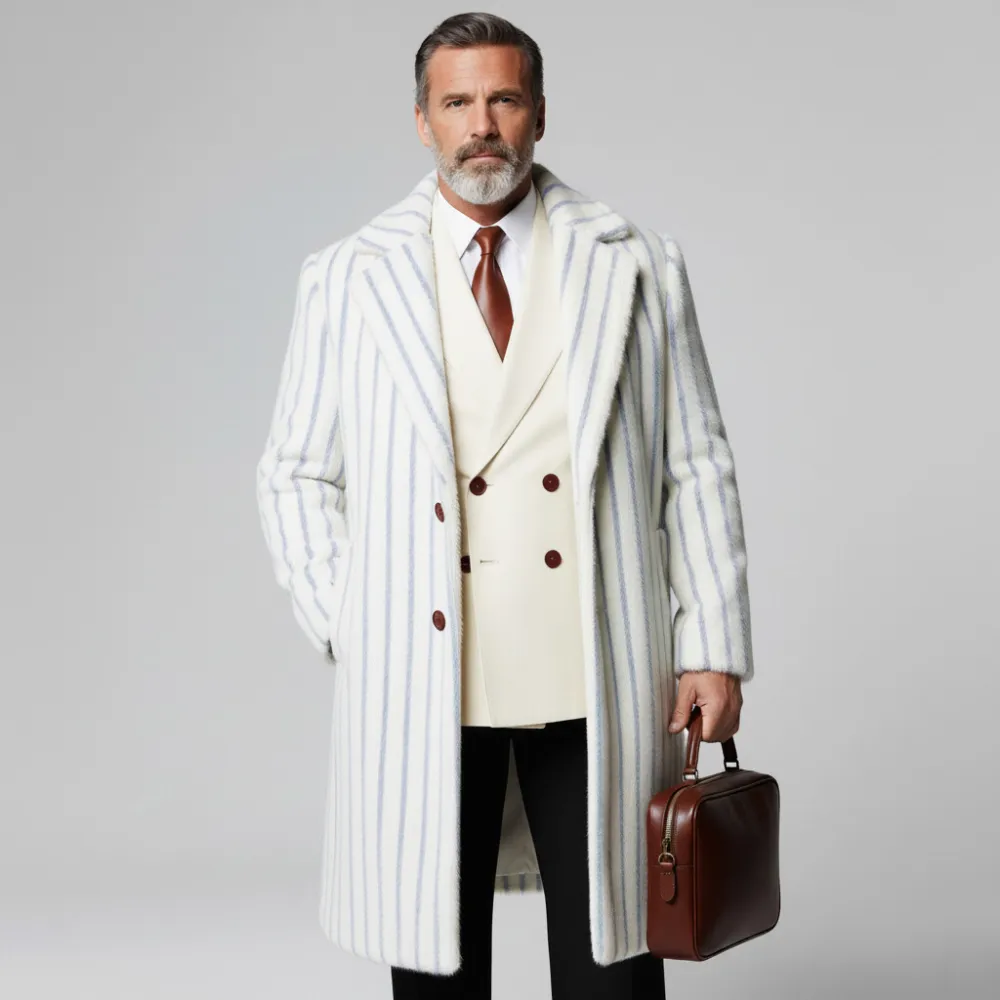 Men's White Striped Notch Lapel Two Button Long Sleeve Pocket Overcoat