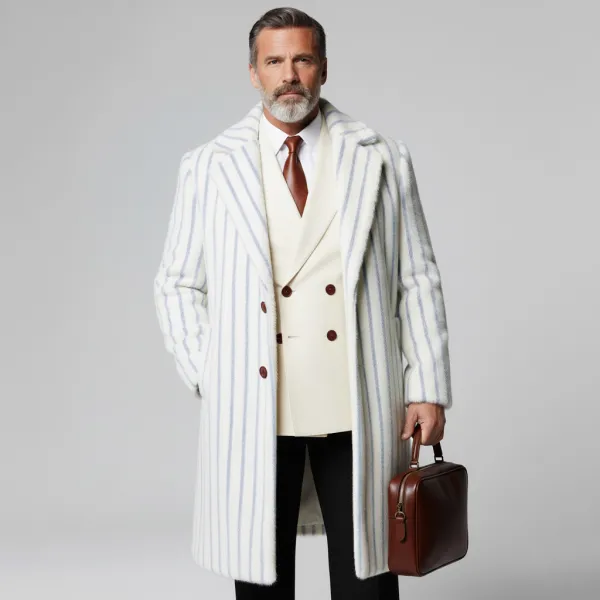 Men's White Striped Notch Lapel Two Button Long Sleeve Pocket Overcoat