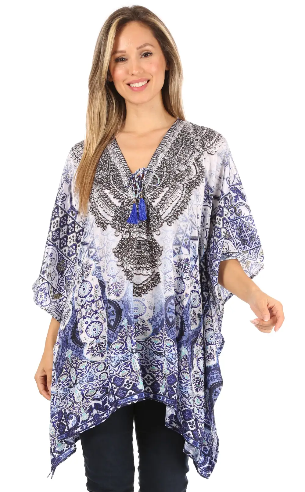 Women's Caftan Poncho Cover up V neck Top Lace up With Rhinestone