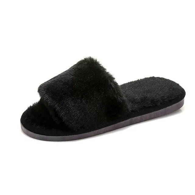 Women's Slippers Furry Feather Fuzzy Slippers Fluffy Slippers House Slippers Home Daily Solid Color Winter Flat Heel Open Toe Casual Comfort Minimalism Walking Suede Wine Red Black White