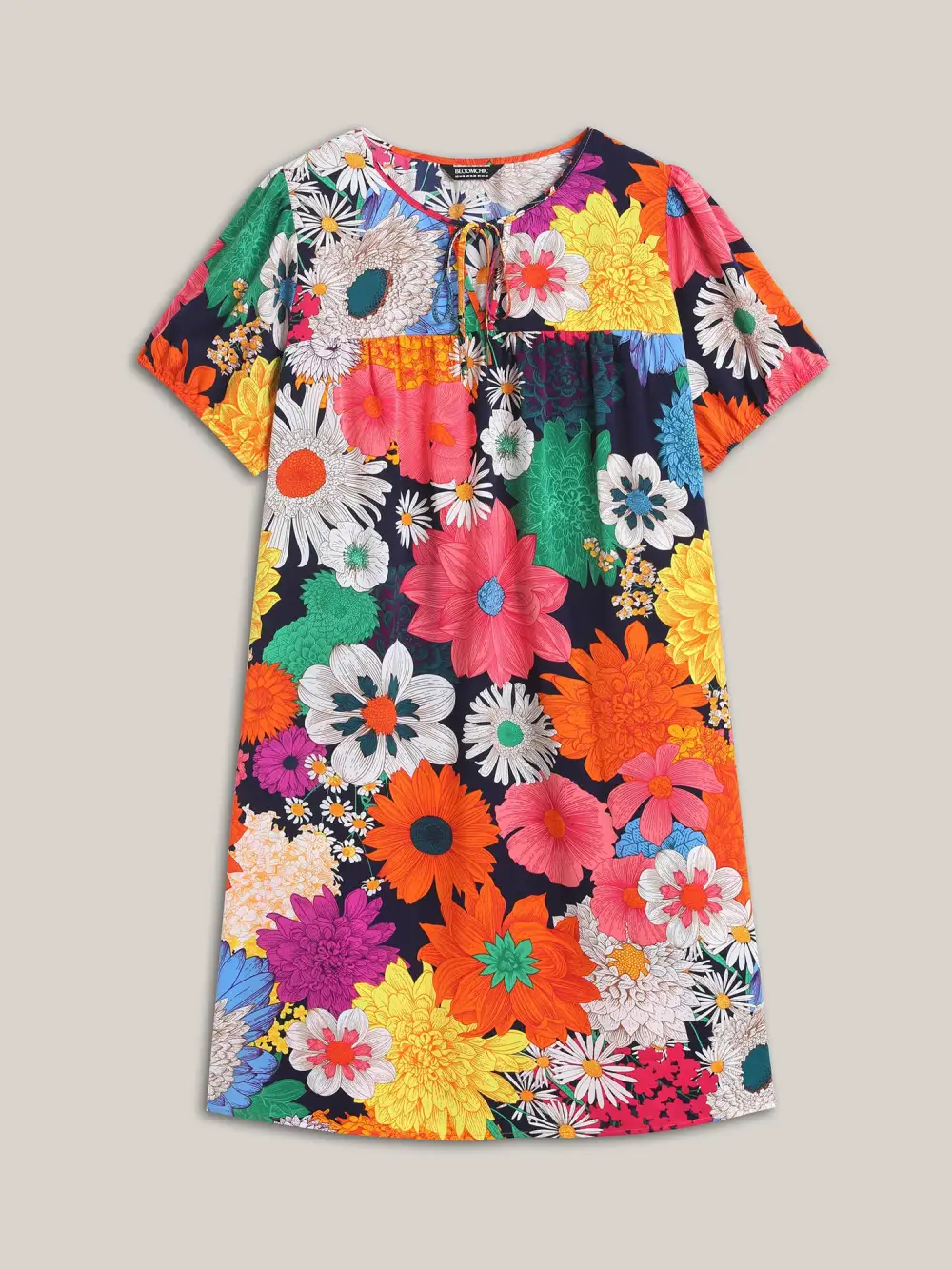 Large Floral Print Neck Tie Midi Dress