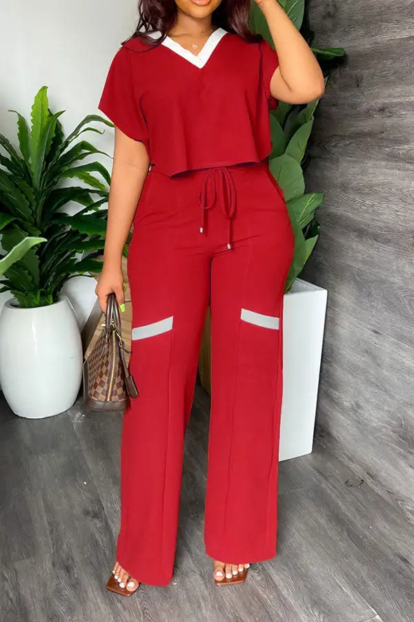 Patchwork Casual Lace-Up Pant Set