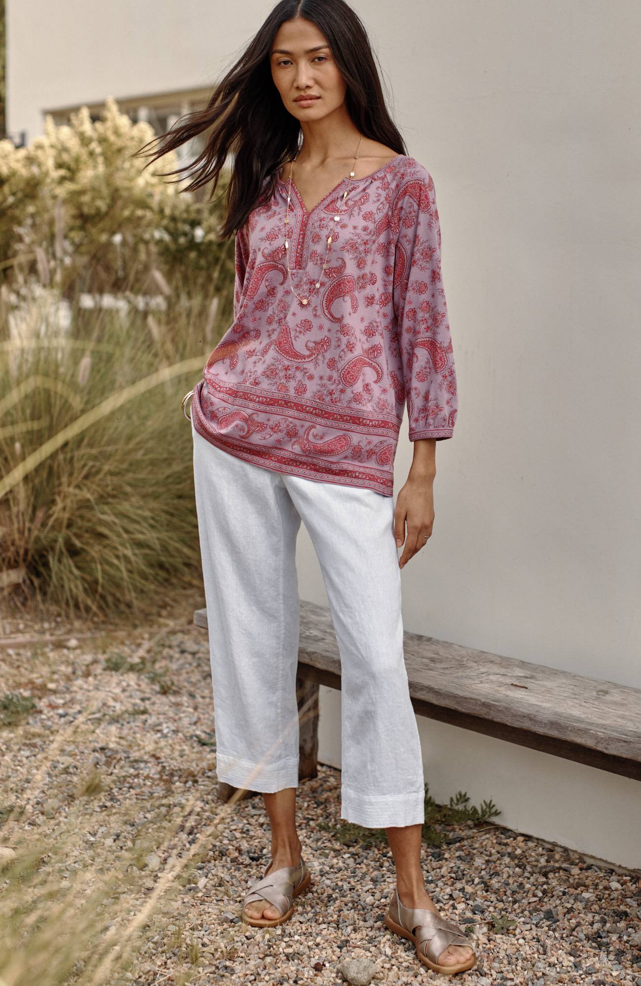 pure jill linen trapunto-stitched pants