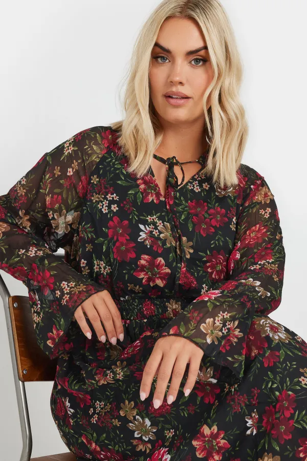 YOURS Curve Black & Red Floral Print Chiffon Tie Neck Dress