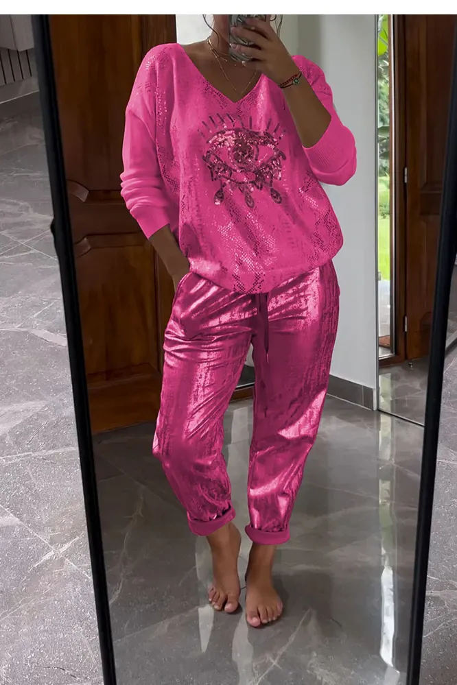 Women's fashionable sequin embroidered eye top & bronzing trousers two-piece set