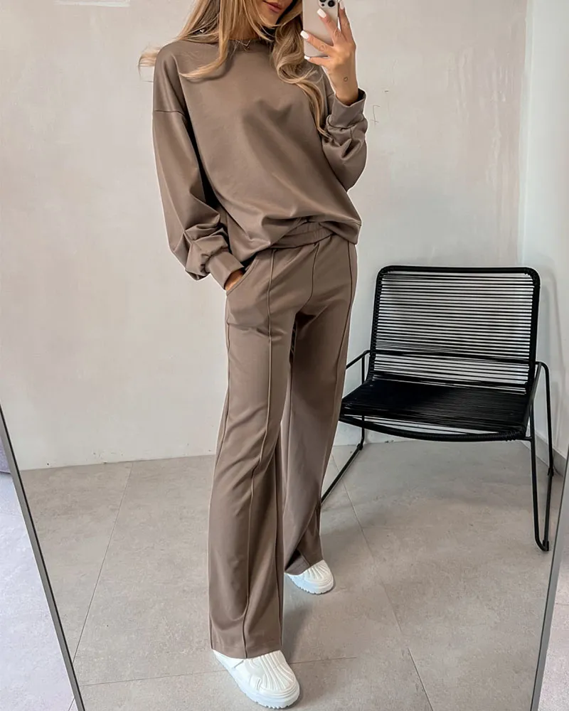 Chic Cuff Solid Color Casual Two-Piece Set
